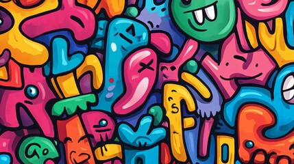 Abstract doodle art showcasing vibrant characters and playful shapes