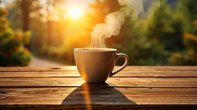 Sunrise serenity A steaming cup of coffee on a wooden table in a peaceful outdoor setting