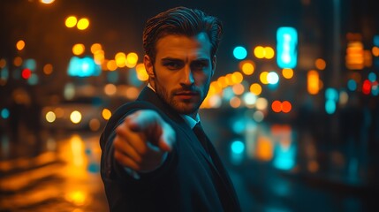 Confident man in suit pointing at camera on vibrant city street at night.