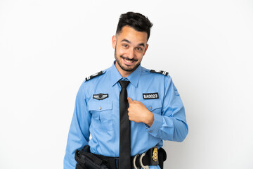 Police caucasian man isolated on white background with surprise facial expression
