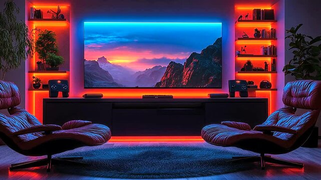 Modern home theater room with colorful LED lighting
