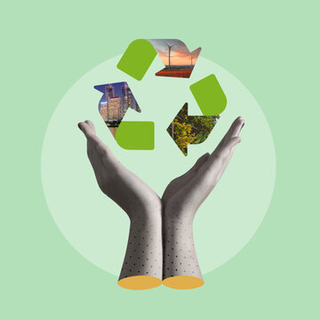 Collage ESG (Environmental, Social, and Governance) principles. Featuring a human hand holding Recycling symbol with renewable energy symbol . eco-friendly energy systems. vector illustration

