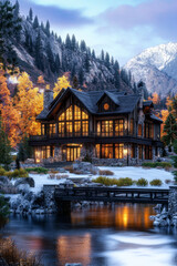 Fototapeta premium A dream house in a lakeside setting, surrounded by lush natural scenery.