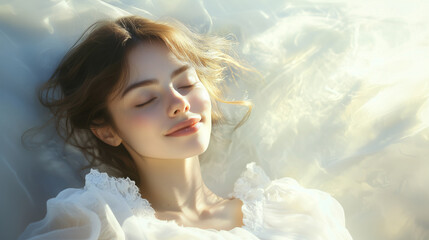 A graceful woman in white closes her eyes and smiles softly as sunlight touches her face, capturing a sense of inner peace and mindful relaxation sunlit face, gentle smile, feminin