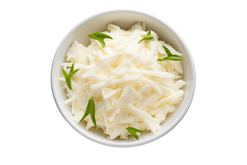 Shredded Mozzarella Cheese in a Simple White Bowl on trans parent background