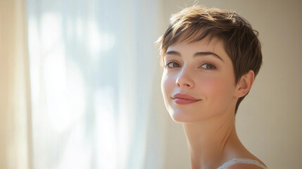 A thoughtful woman with short hair and a gentle smile gazes off to the side in a bright space, expressing tranquility, mindfulness, and effortless grace relaxed pose, serene expres