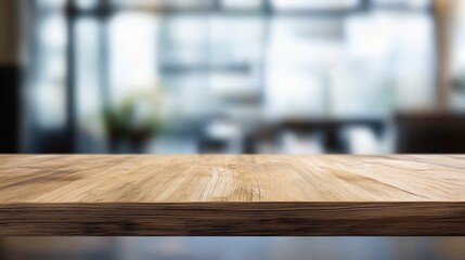 Empty wooden table with blurred office background, panoramic mockup for product presentation or banner design, suitable for commercial montage use 