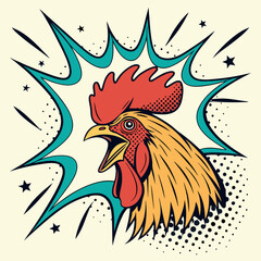 Colorful Pop Art Rooster Head – Halftone Explosion Background © Ghost