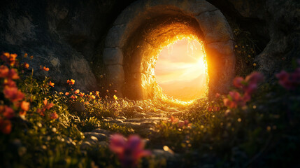 A sunlit, open stone tomb with a rolled-away stone and glowing interior, evoking themes of resurrection, new life, and the triumph of light over darkness in Christian belief resurr