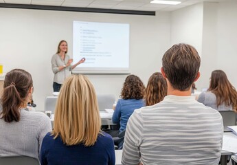 Fototapeta premium Employee training session in modern office with presenter at whiteboard and team members seated, group view from behind in bright, friendly atmosphere with white background