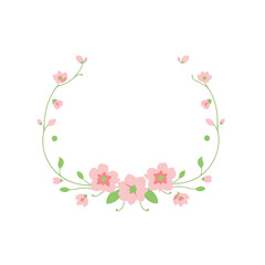 A decorative floral frame in pink and green hues, featuring blooming flowers and curved stems, isolated on white. The style is minimal and elegant, with clean lines and balanced symmetry