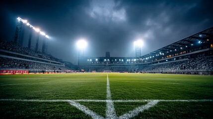 Night game at a soccer stadium with bright lights and empty stands