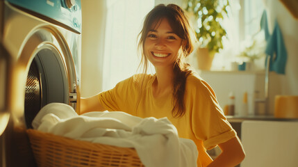 A smiling woman in casual homewear places linens into a washing machine, bathed in natural light, representing a peaceful and productive moment in home care laundry day, relaxing h