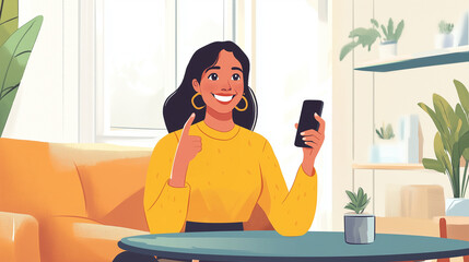 A cheerful woman sitting at a coffee table in a bright living room smiles while holding a smartphone and raising her index finger, suggesting a helpful tip or new idea woman with s