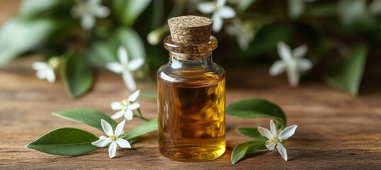 Jasmine Essential Oil. Glass Bottle Surrounded By Jasmine Flower And Leaves on Rustic Table.
