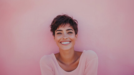 A happy woman with short hair and a casual light top smiles warmly while posing in front of a pastel pink wall, conveying calm self-assurance and positive energy joyful portrait, p