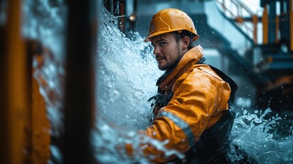 Engineer in Waterproof Gear Hit by Water at Hydroelectric Plant
