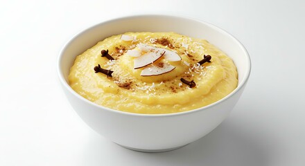 Canjica bowl Brazilian sweet corn pudding white background. Brazilian food
