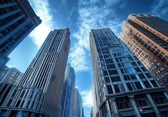 Modern cityscape with tall skyscrapers and blue sky, wide-angle low-angle view of business buildings in urban center