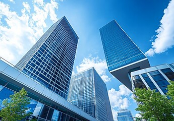 Fototapeta premium Modern cityscape with tall skyscrapers and blue sky, wide-angle low-angle view of business buildings in urban center