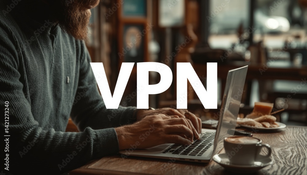 Poster man using vpn on laptop, ensuring internet privacy and security while working remotely in cafe