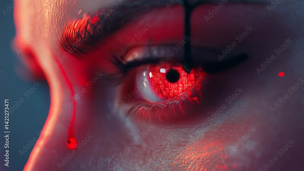 Poster close-up of a human eye featuring a digital red glow, depicting intricate circuitry patterns within 
