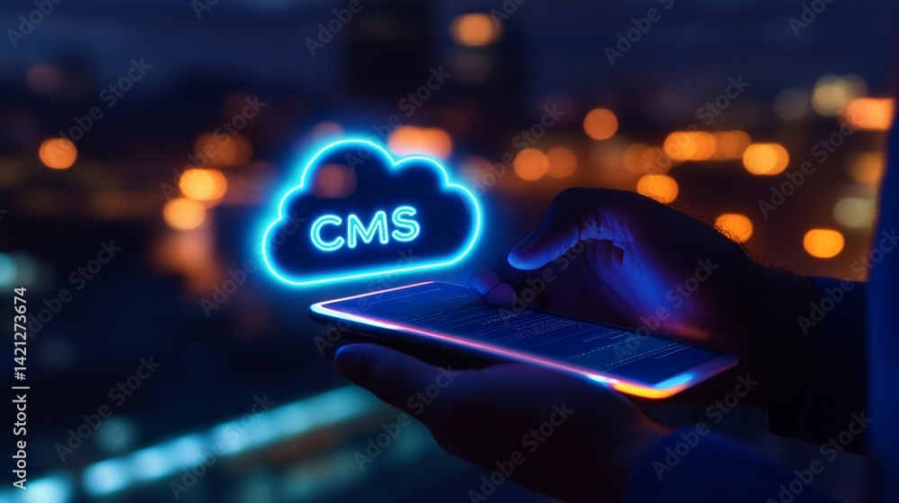 Poster businessman accessing cloud-based content management system cms software on mobile device at night.
