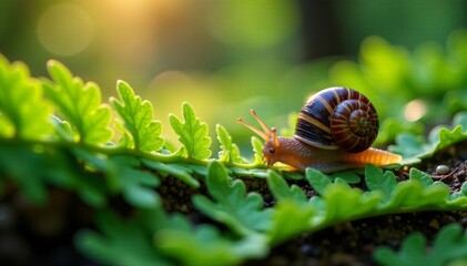 A close-up of a snail slowly crawling on a vibrant green fern leaf in soft sunlight.