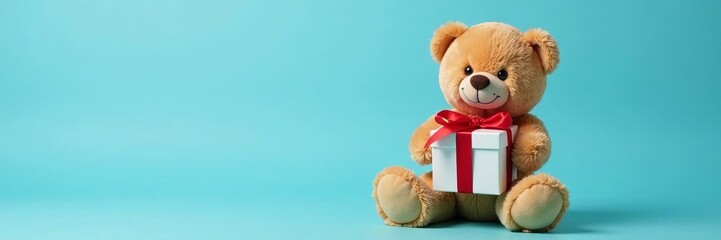 A cute teddy bear with a gift box on a vibrant blue background.
