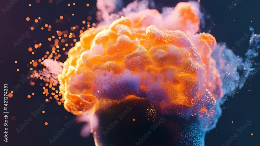 Poster a vibrant explosion of swirling orange and purple particles against a dark background, creating a dy