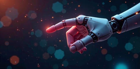 Naklejka premium A robotic hand reaching out with a glowing fingertip in a futuristic setting.