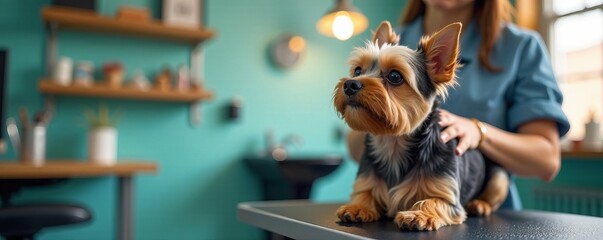 A small dog receives a grooming session in a cozy, stylish pet salon.