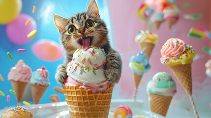Naklejka premium Cat Perched on Giant Ice Cream Cone Enjoys Sweet Treat