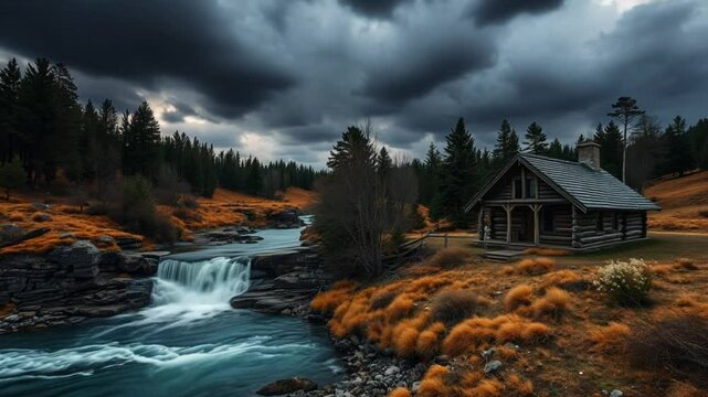 Cabin in Forest with Waterfall and Pine Trees