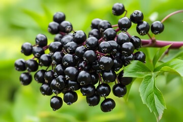 Closeup of Ripe Black Elderberries on Branch