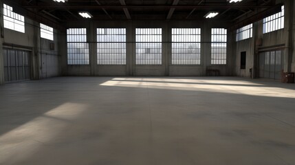 Obraz premium Spacious industrial warehouse interior with large windows and empty concrete floor