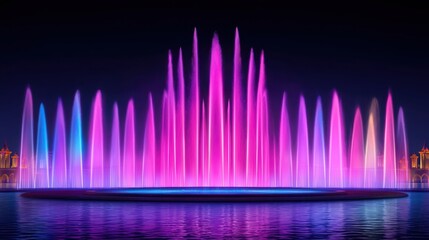 Firework Displays Concept. Colorful Water Fountain Display at Night with Vibrant Lights and Reflections in the Water