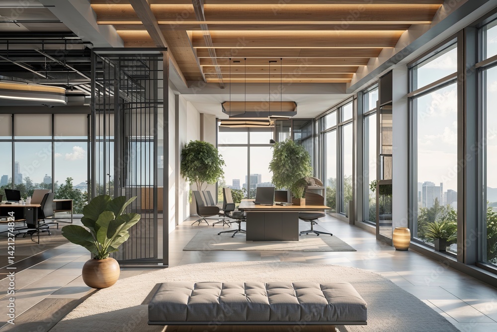 Poster serene modern office space rendering featuring open design and digital craftsmanship