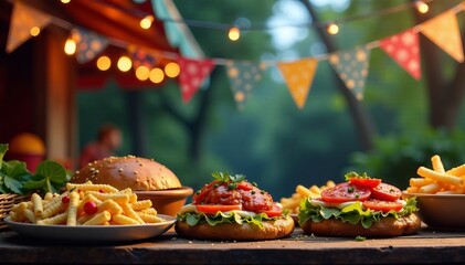 Delicious burgers and fries served outdoors in a festive atmosphere.