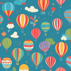 Colorful hot air balloons rising against a bright blue sky with whimsical clouds and festive elements in a cheerful pattern