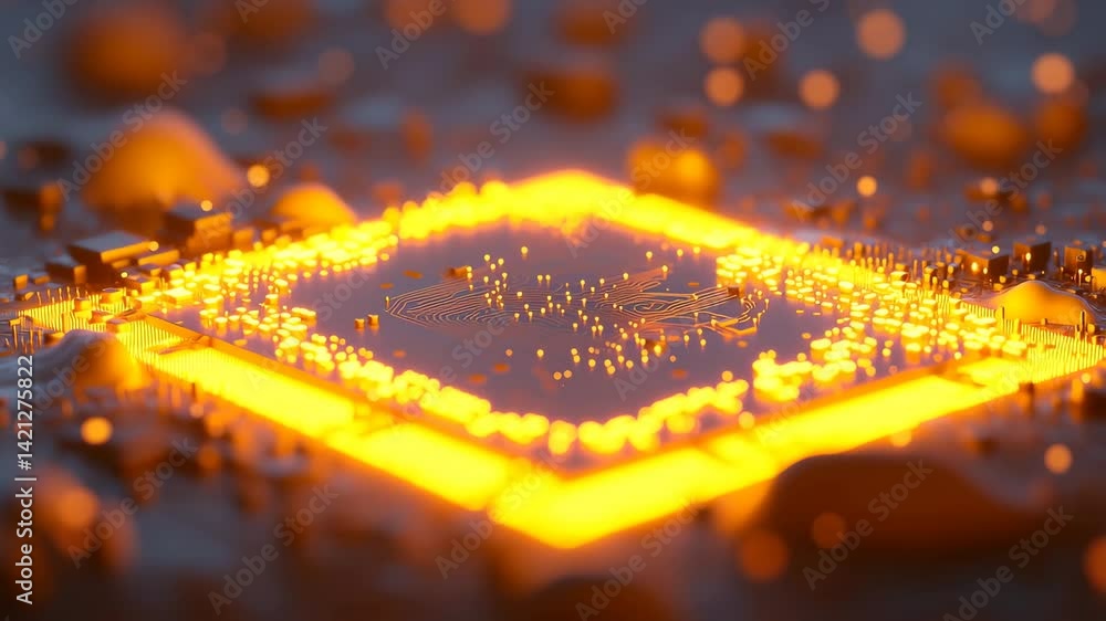 Poster a glowing microchip with sparks emanating from its surface, set against a dark, abstract background.