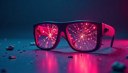 Futuristic glasses with vibrant lights reflecting colorful patterns.