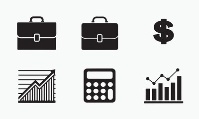 Modern flat business and finance icon set featuring briefcase, graph, calculator, dollar sign, and credit card for apps, web, presentations, and marketing