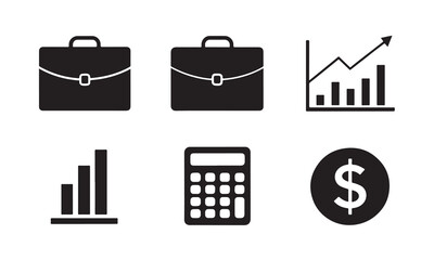 Modern flat business and finance icon set featuring briefcase, graph, calculator, dollar sign, and credit card for apps, web, presentations, and marketing