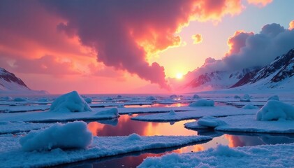 Stunning sunset over icy waters with vibrant colors reflected in serene surroundings.