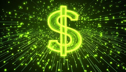 Neon Green Glowing Dollar Symbol with Abstract Background for Finance Technology Concepts,