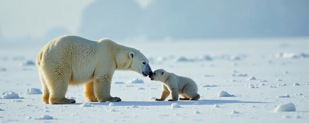 Tender moment between a polar bear and its cub in a serene snowy landscape.