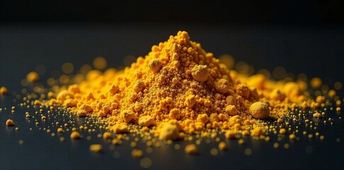 Vibrant turmeric powder pile on a dark surface, showcasing its rich color and texture.