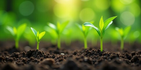 Young green seedlings growing in rich, dark soil under soft natural light.