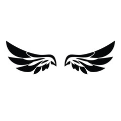 Geometric, minimalist vector logo black silhouette wings spread design centered on white background. Clean lines and shapes create a balanced, symmetrical design, conveying aviation